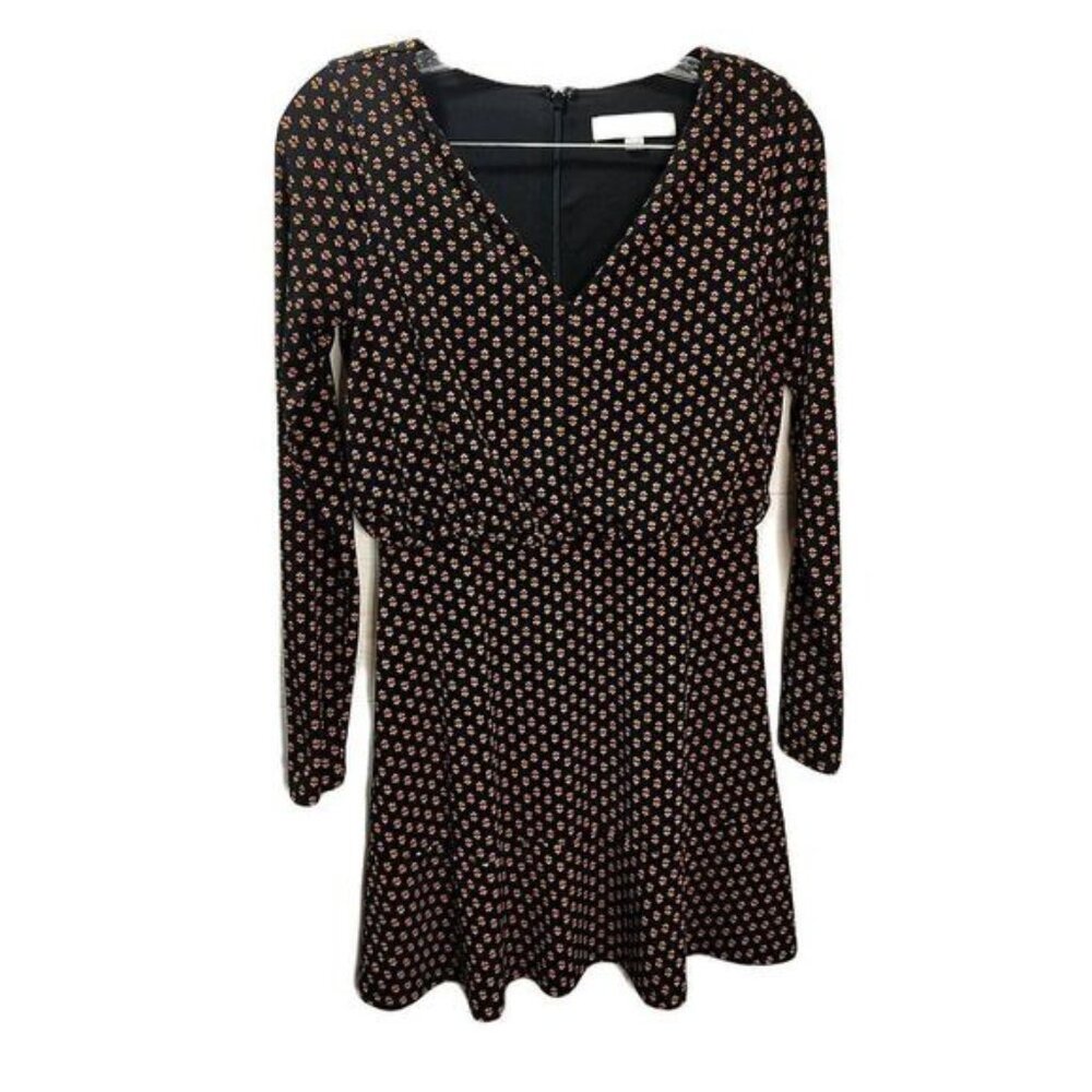 Loft Petites Black Floral‎ Long Sleeve V-Neck Mini Dress Womens Size 00P